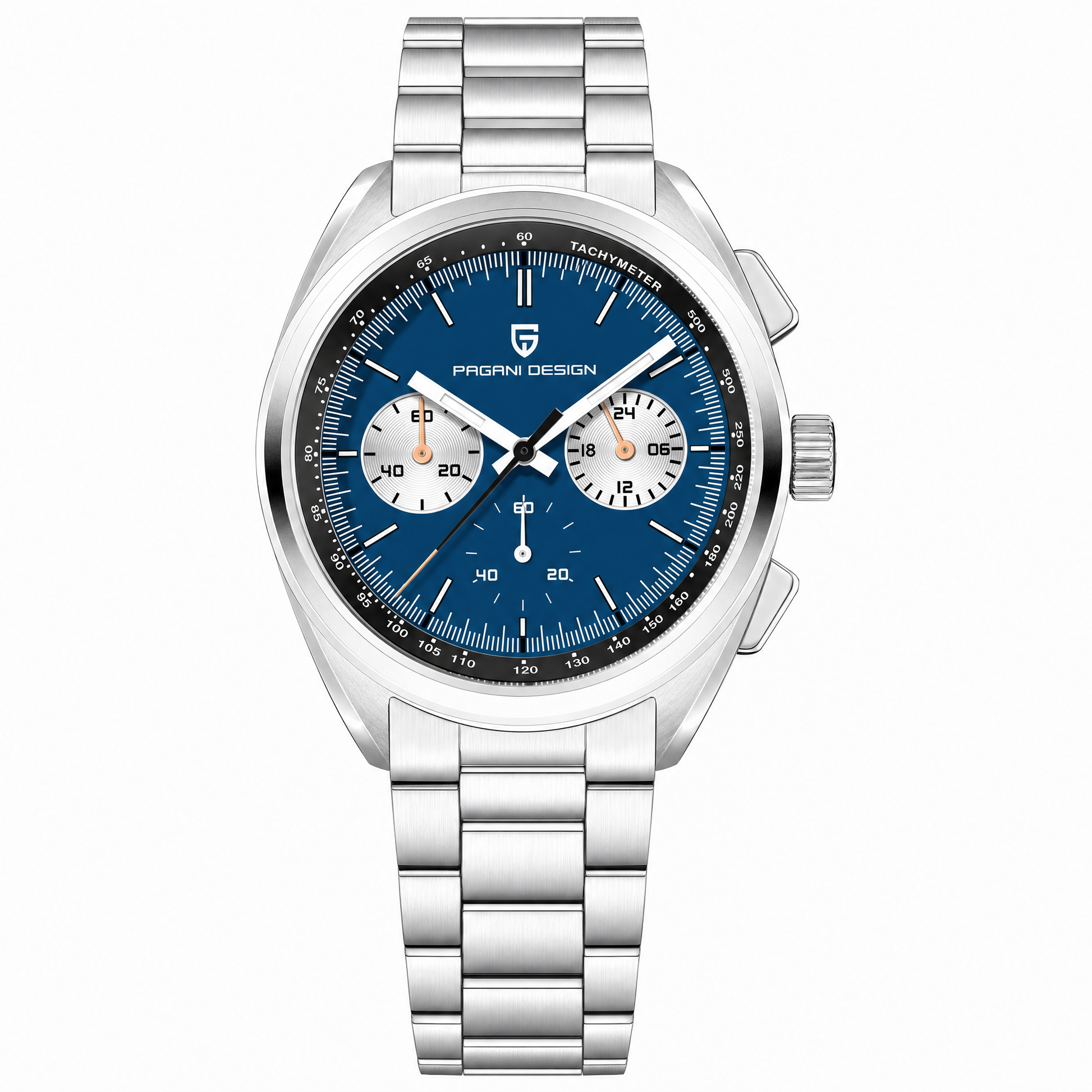 Pagani Design 1782 chronograph, black dial on steel bracelet